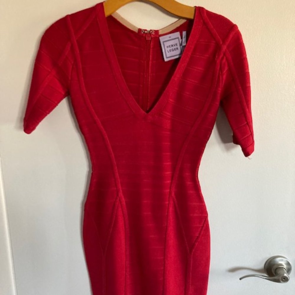 Red Herve Leger V-Neck Mid Sleeve Bandage Body-Con Dress